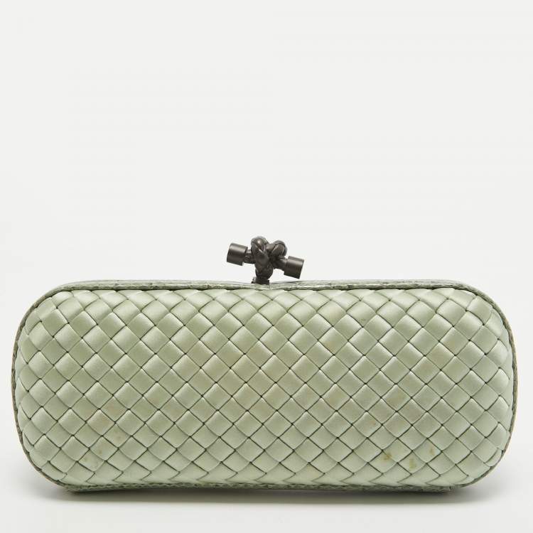 Pre Owned Bottega Veneta Light Green Intrecciato Satin and Watersnake Leather Knot Long Clutch