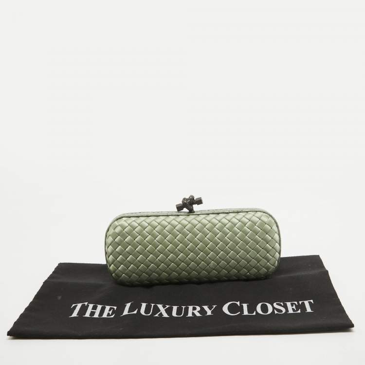 Pre Owned Bottega Veneta Light Green Intrecciato Satin and Watersnake Leather Knot Long Clutch