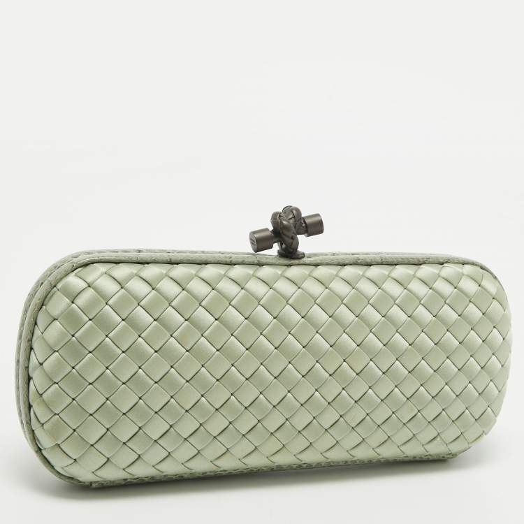 Pre Owned Bottega Veneta Light Green Intrecciato Satin and Watersnake Leather Knot Long Clutch