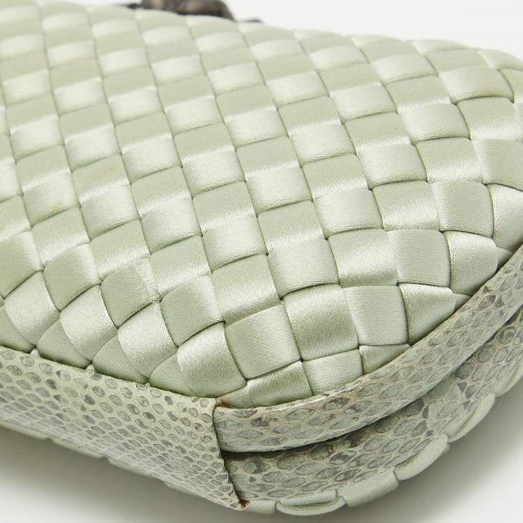 Pre Owned Bottega Veneta Light Green Intrecciato Satin and Watersnake Leather Knot Long Clutch