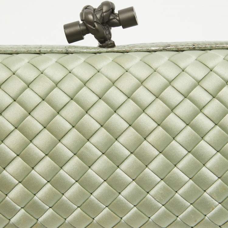 Pre Owned Bottega Veneta Light Green Intrecciato Satin and Watersnake Leather Knot Long Clutch