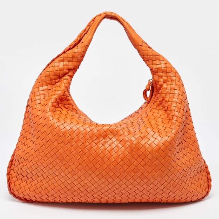 Pre Owned Bottega Veneta Orange Intrecciato Leather Veneta Hobo
