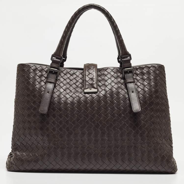 Pre Owned Bottega Veneta Choco Brown Intrecciato Leather Medium Roma Tote