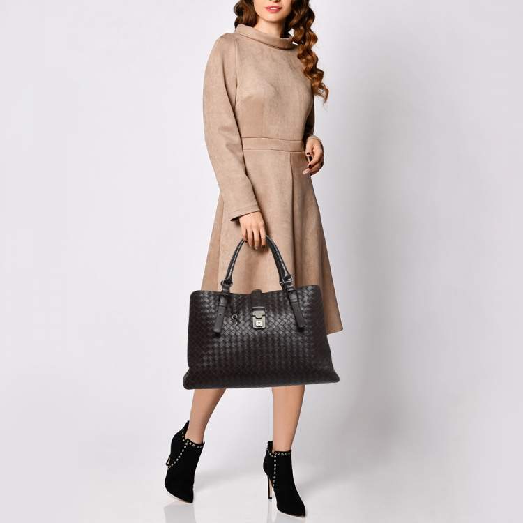 Pre Owned Bottega Veneta Choco Brown Intrecciato Leather Medium Roma Tote