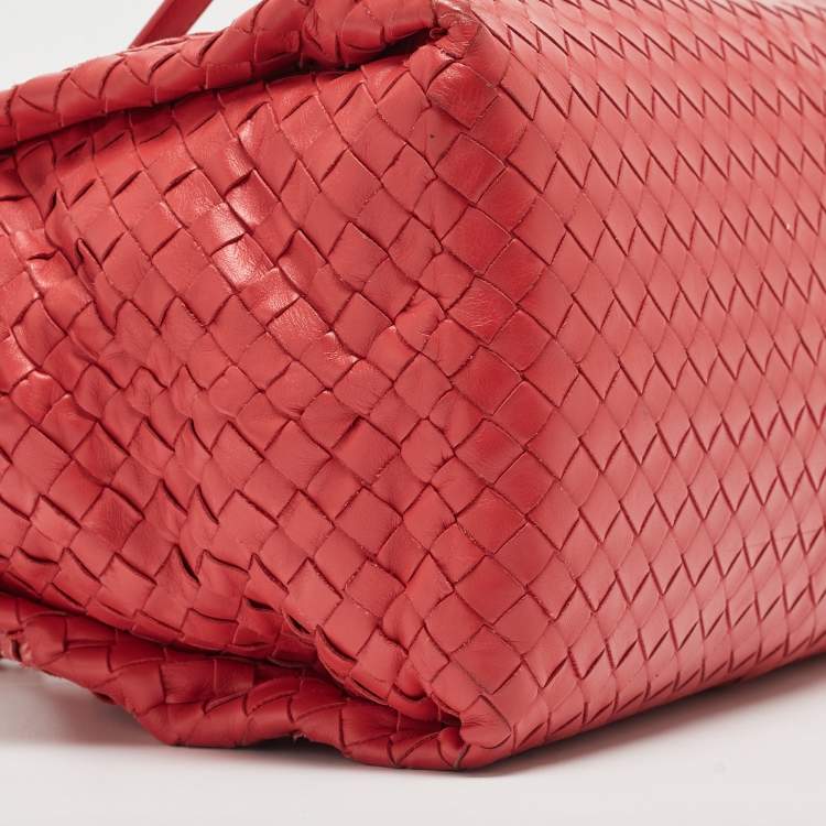 Pre Owned Bottega Veneta Red Intrecciato Leather New Boston Bag
