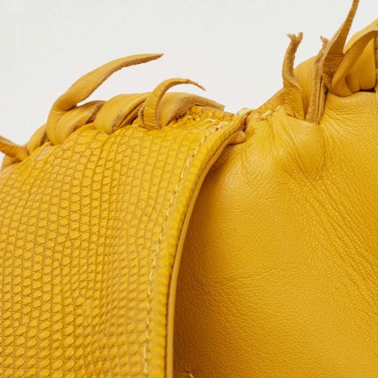 Pre Owned Bottega Veneta Yellow Lizard Turnlock Flap Top Handle Bag
