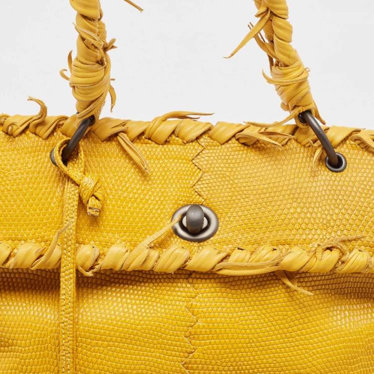 Pre Owned Bottega Veneta Yellow Lizard Turnlock Flap Top Handle Bag