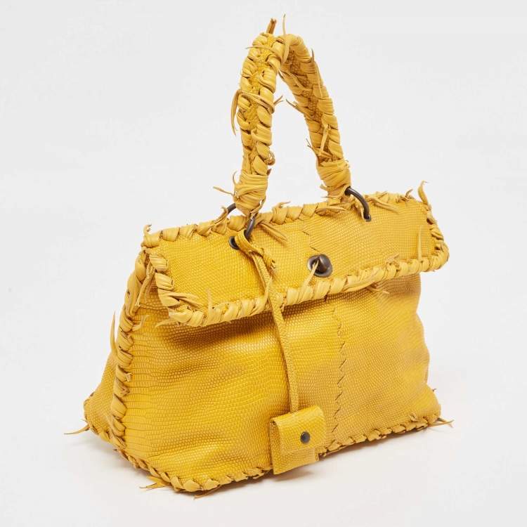 Pre Owned Bottega Veneta Yellow Lizard Turnlock Flap Top Handle Bag