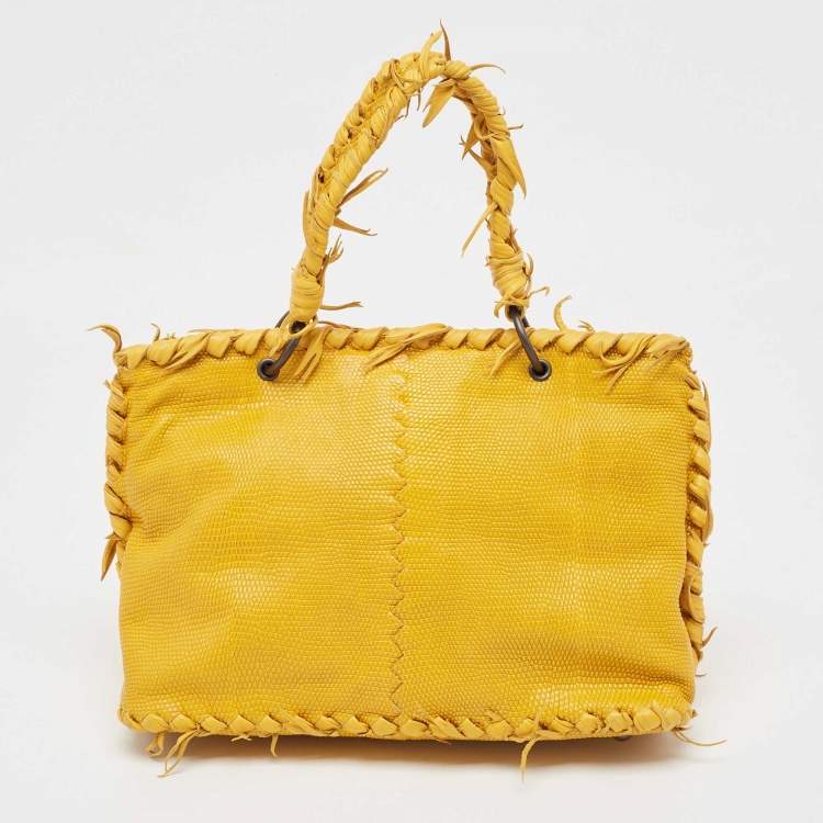 Pre Owned Bottega Veneta Yellow Lizard Turnlock Flap Top Handle Bag