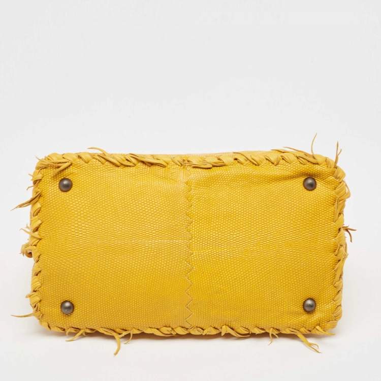 Pre Owned Bottega Veneta Yellow Lizard Turnlock Flap Top Handle Bag