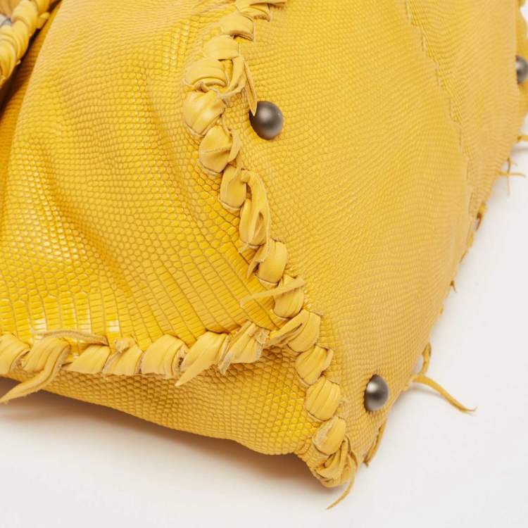 Pre Owned Bottega Veneta Yellow Lizard Turnlock Flap Top Handle Bag