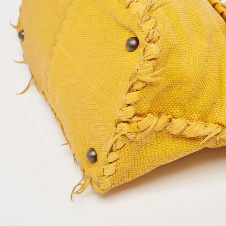 Pre Owned Bottega Veneta Yellow Lizard Turnlock Flap Top Handle Bag