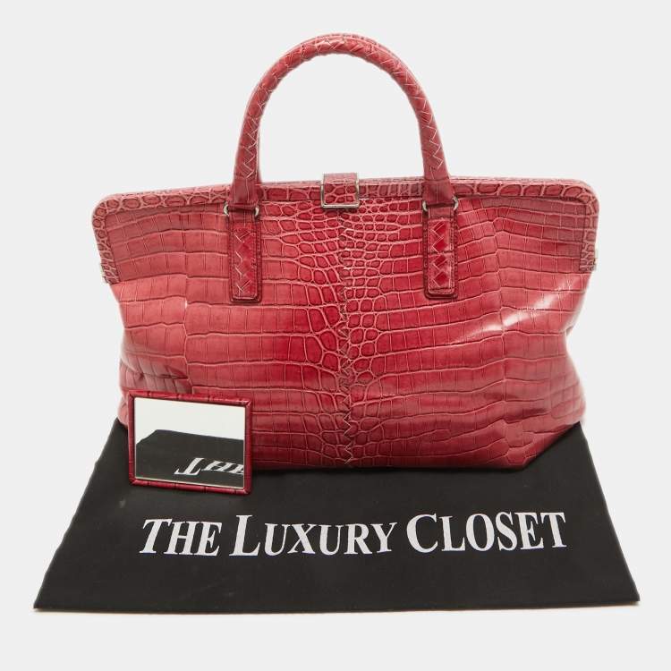 Pre Owned Bottega Veneta Pink Crocodile Frame Tote