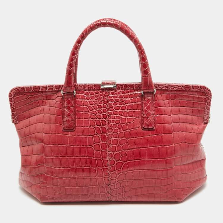 Pre Owned Bottega Veneta Pink Crocodile Frame Tote