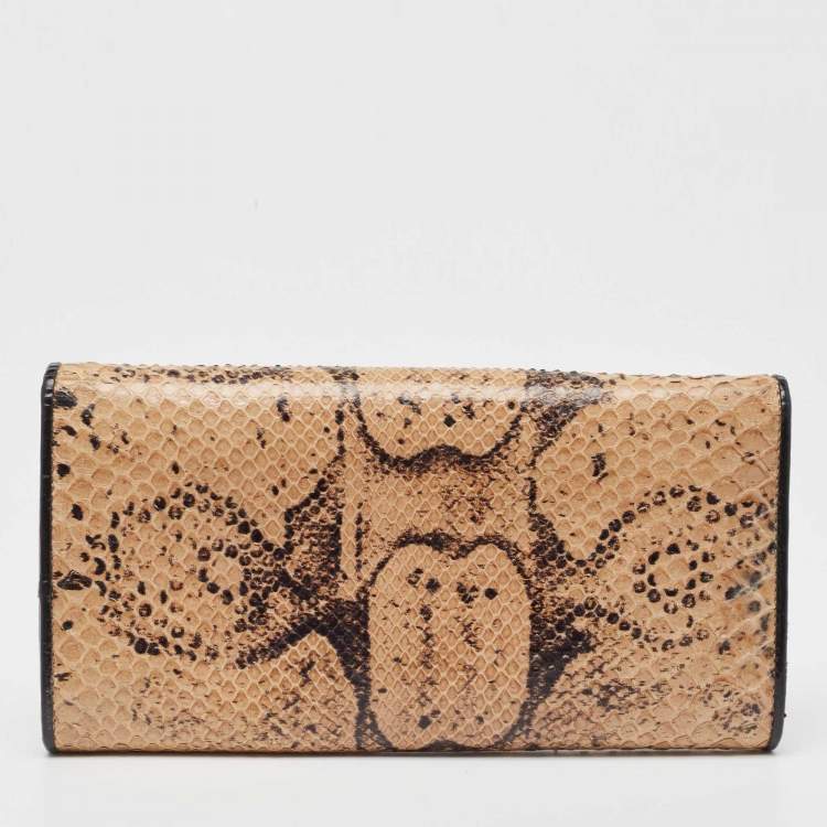 Pre Owned Bottega Veneta Beige/Black Python Clasp Flap Continental Wallet