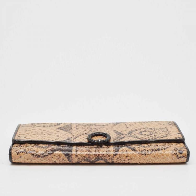 Pre Owned Bottega Veneta Beige/Black Python Clasp Flap Continental Wallet