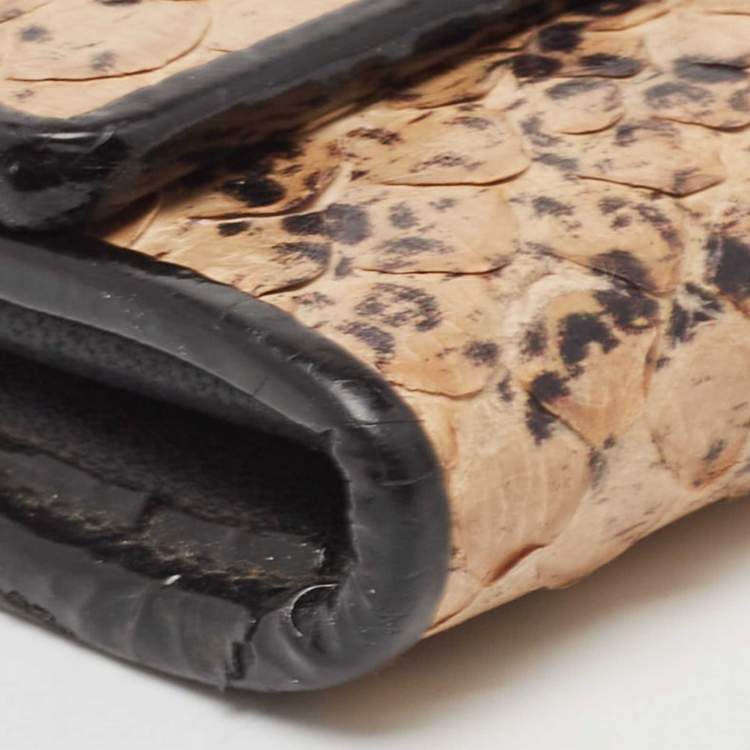 Pre Owned Bottega Veneta Beige/Black Python Clasp Flap Continental Wallet