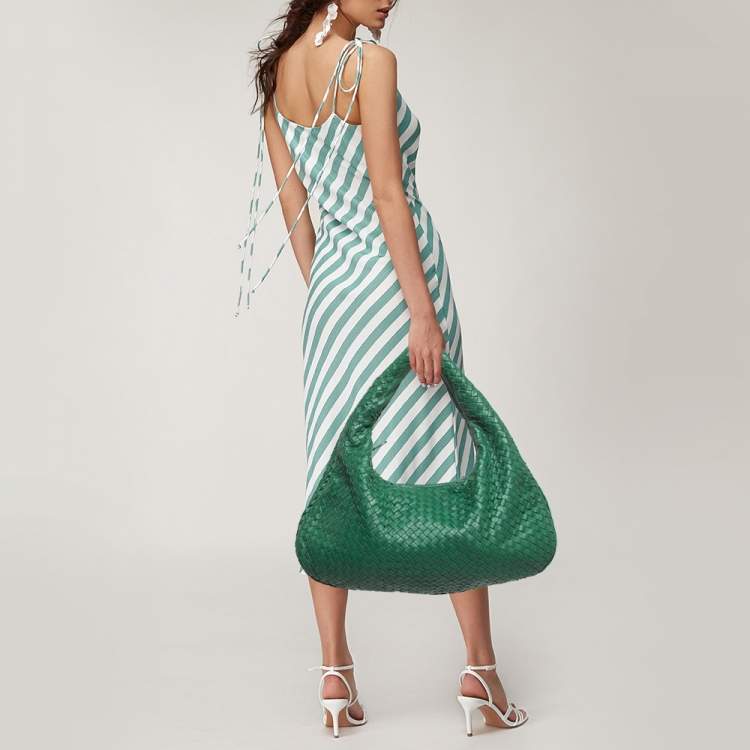 Pre Owned Bottega Veneta Green Intrecciato Leather Large Veneta Hobo