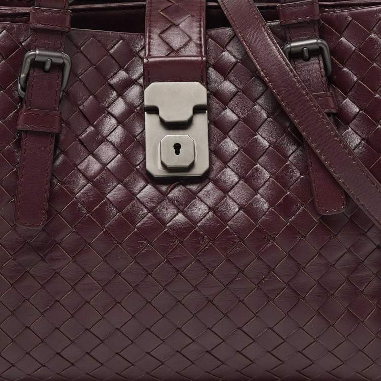 Pre Owned Bottega Veneta Burgundy Intrecciato Leather Small Roma Tote