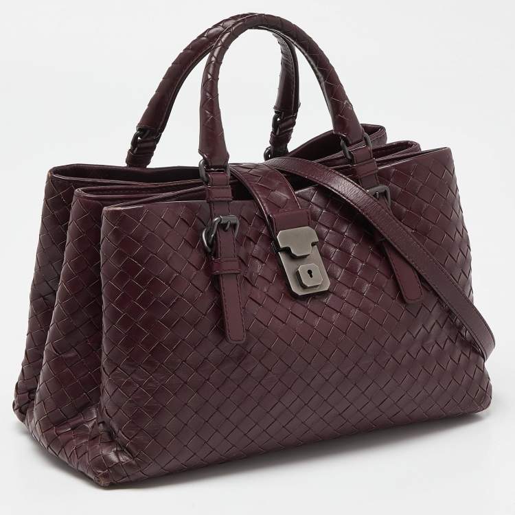Pre Owned Bottega Veneta Burgundy Intrecciato Leather Small Roma Tote