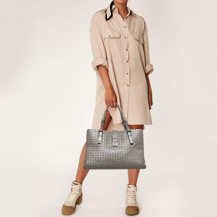 Pre Owned Bottega Veneta Grey Intrecciato Leather Medium Roma Tote