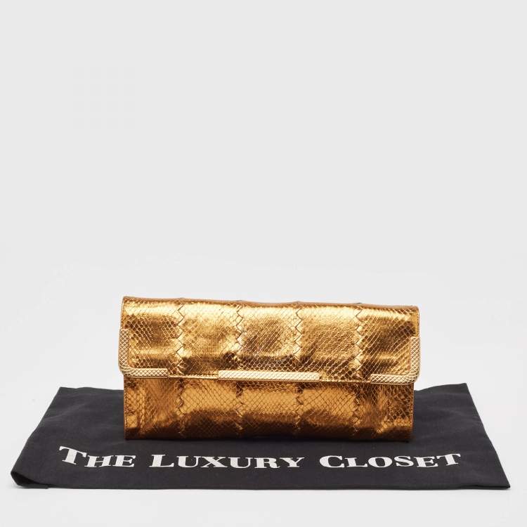 Pre Owned Bottega Veneta Gold Intrecciato Leather Frame Wristlet Clutch