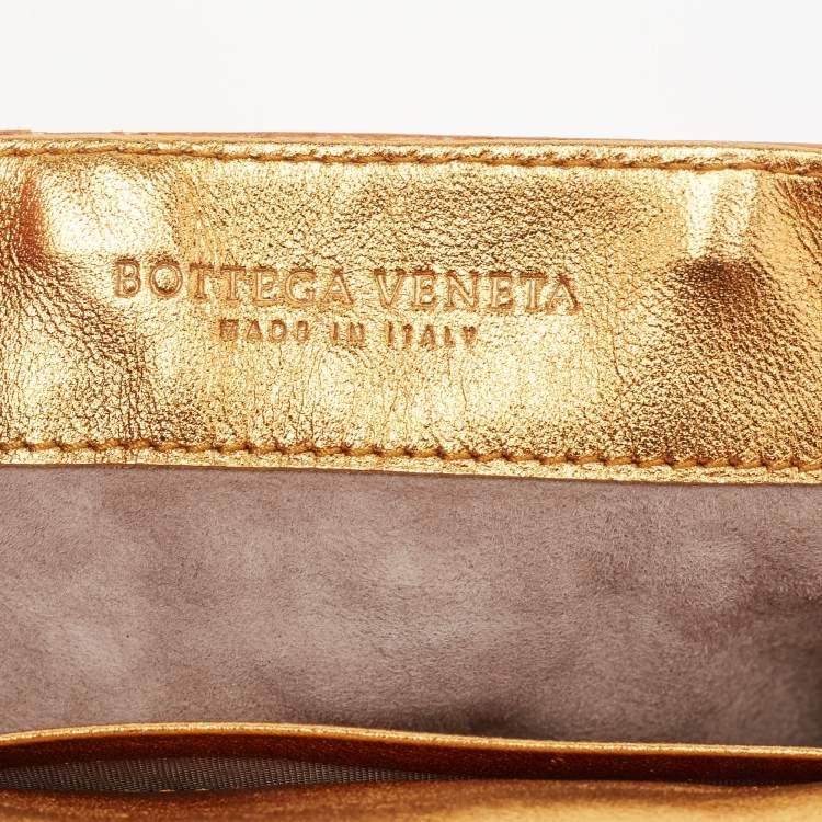 Pre Owned Bottega Veneta Gold Intrecciato Leather Frame Wristlet Clutch