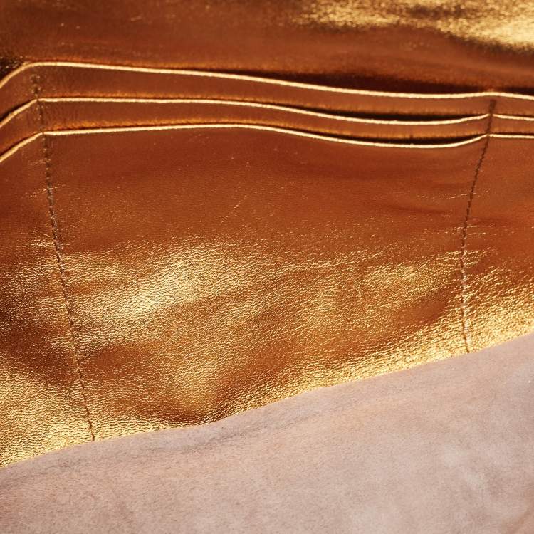Pre Owned Bottega Veneta Gold Intrecciato Leather Frame Wristlet Clutch
