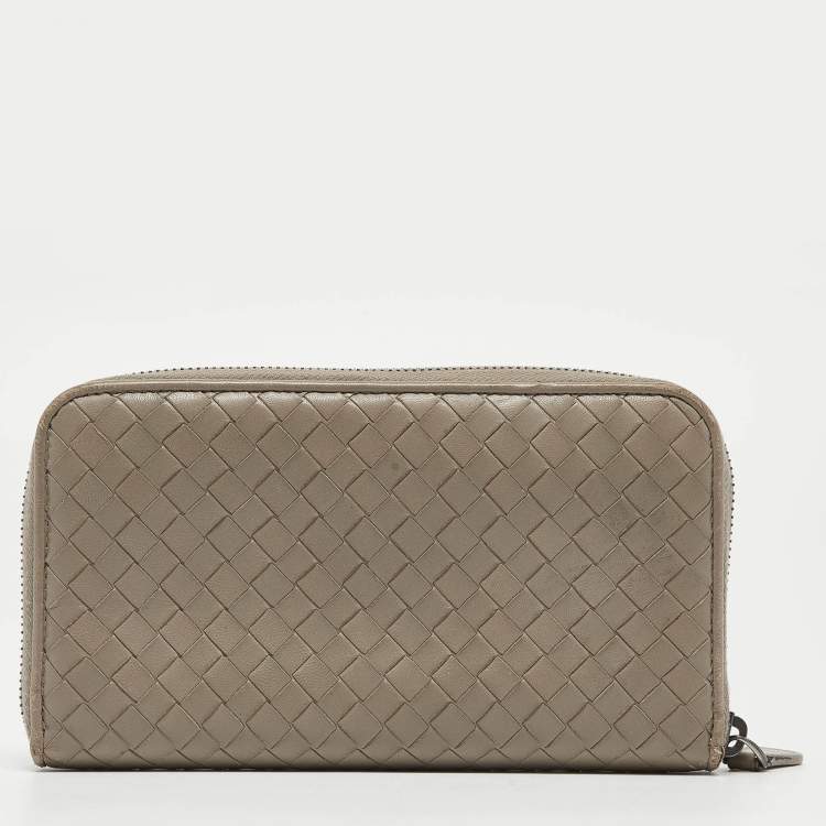 Pre Owned Bottega Veneta Grey Intrecciato Leather Zip Around Wallet