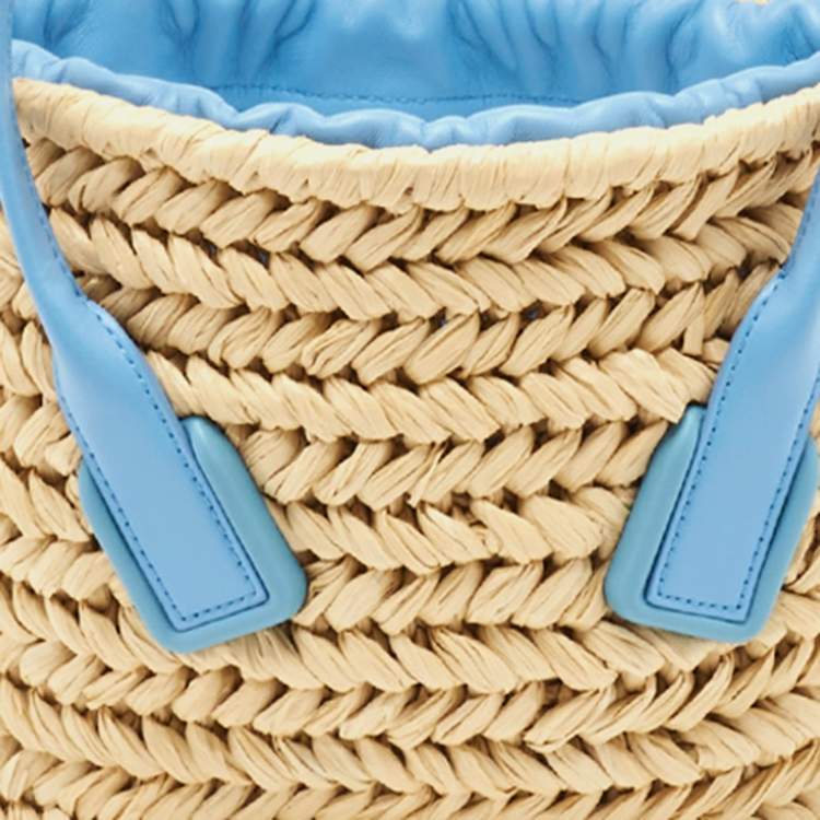 Pre Owned Bottega Veneta Light Blue/Beige Raffia and Leather Small Arco Basket Bag