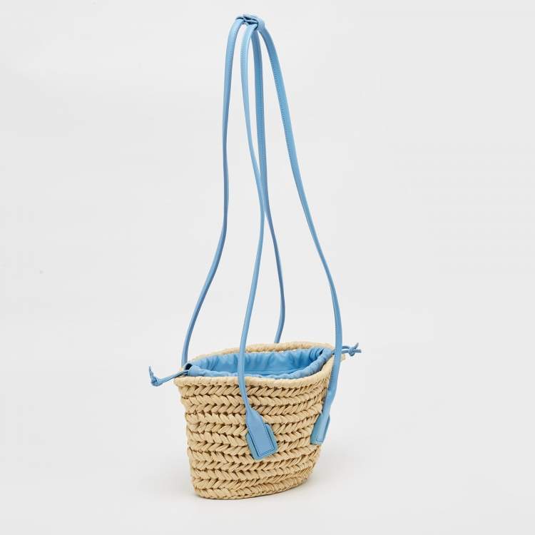 Pre Owned Bottega Veneta Light Blue/Beige Raffia and Leather Small Arco Basket Bag