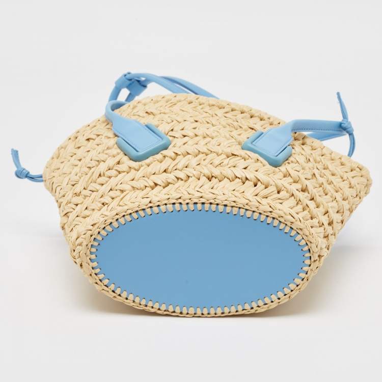 Pre Owned Bottega Veneta Light Blue/Beige Raffia and Leather Small Arco Basket Bag