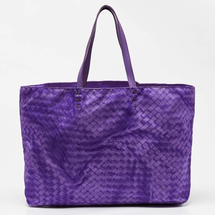 Pre Owned Bottega Veneta Purple Intrecciolusion Nylon and Leather Medium Tote 