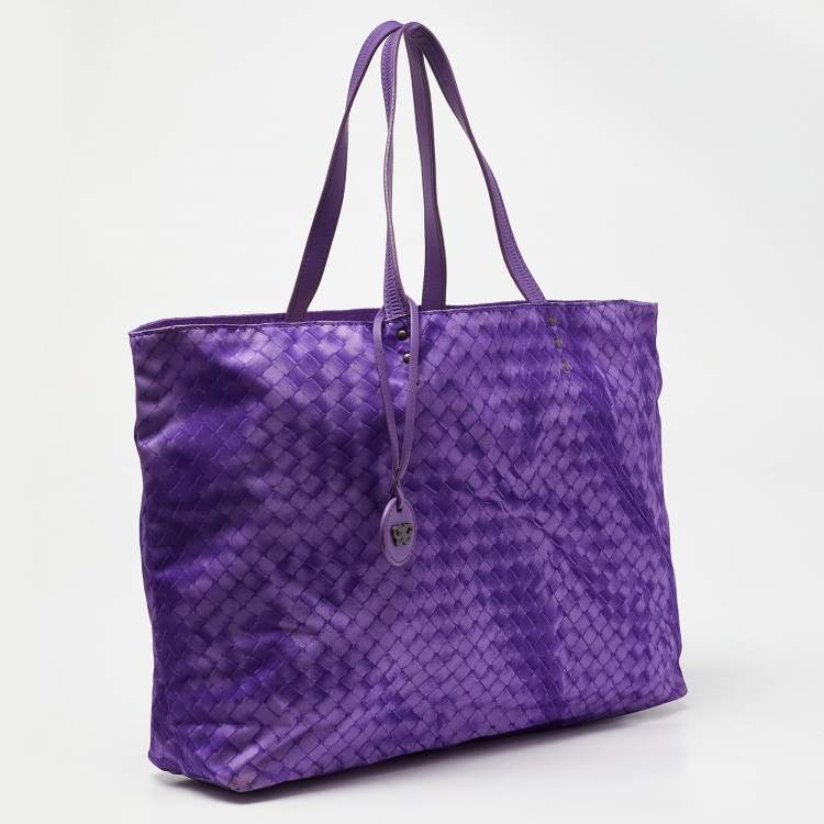 Pre Owned Bottega Veneta Purple Intrecciolusion Nylon and Leather Medium Tote 