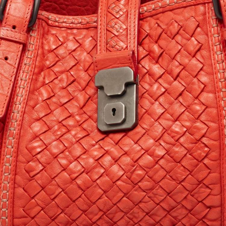 Pre Owned Bottega Veneta Red Intrecciato Leather Large Roma Stitch Tote