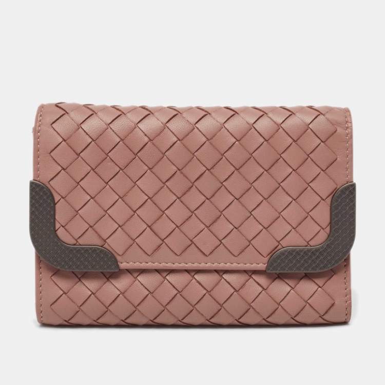 Pre Owned Bottega Veneta Dusty Pink Intrecciato Leather Trifold Wallet