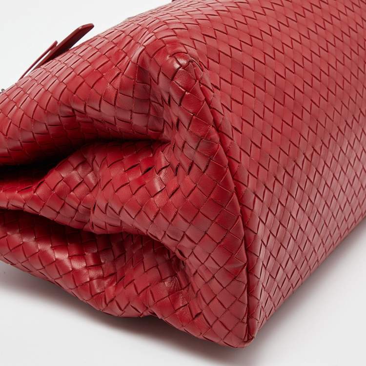 Pre Owned Bottega Veneta Red Intrecciato Leather Medium Roma Tote
