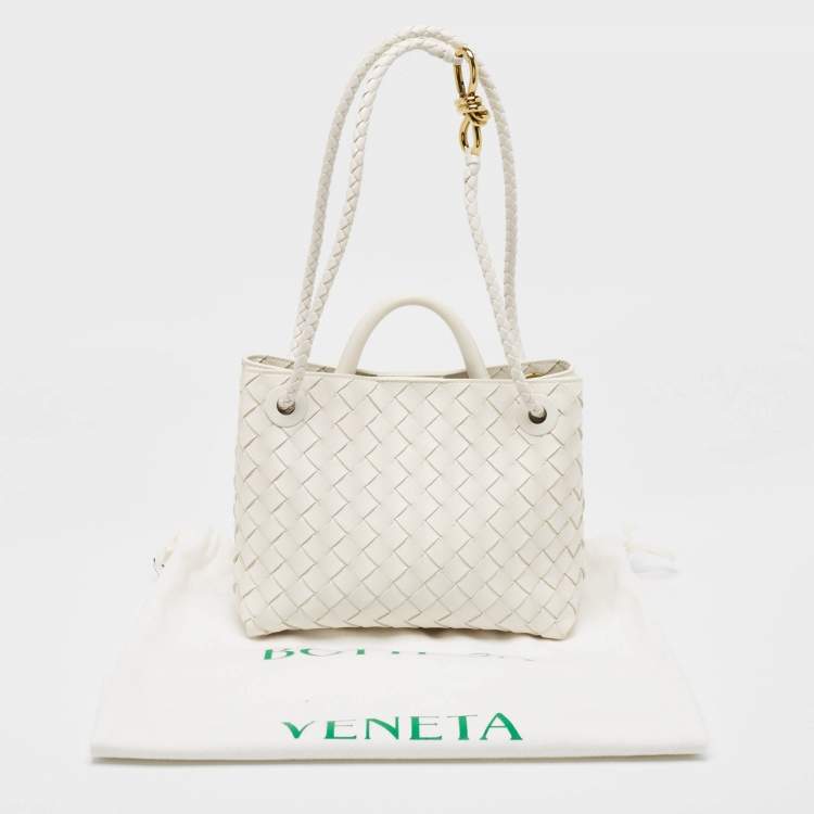 Pre Owned Bottega Veneta White Intrecciato Leather Small Andiamo Tote