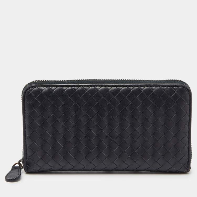 Pre Owned Bottega Veneta Black Intrecciato Leather Zip Around Wallet