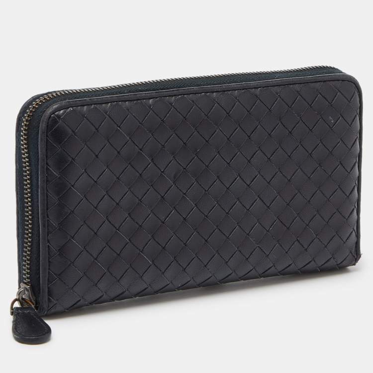 Pre Owned Bottega Veneta Black Intrecciato Leather Zip Around Wallet