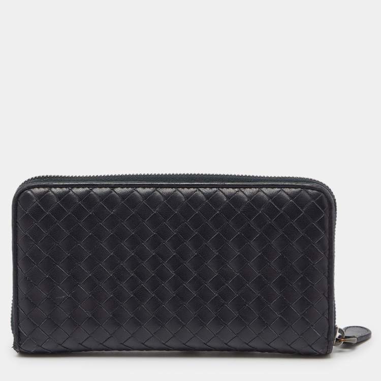 Pre Owned Bottega Veneta Black Intrecciato Leather Zip Around Wallet