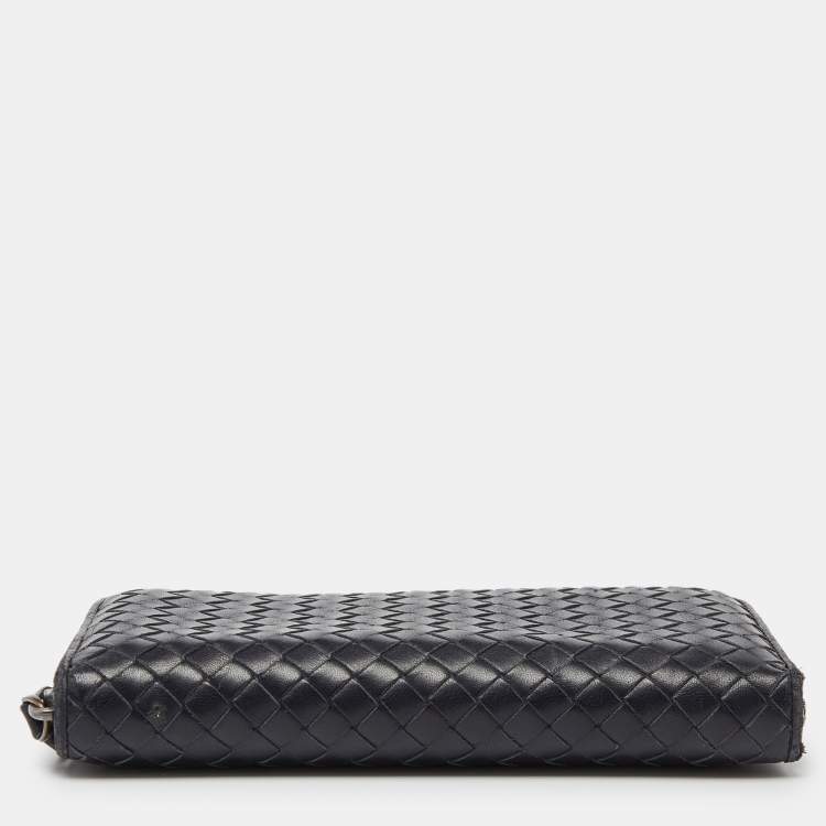 Pre Owned Bottega Veneta Black Intrecciato Leather Zip Around Wallet