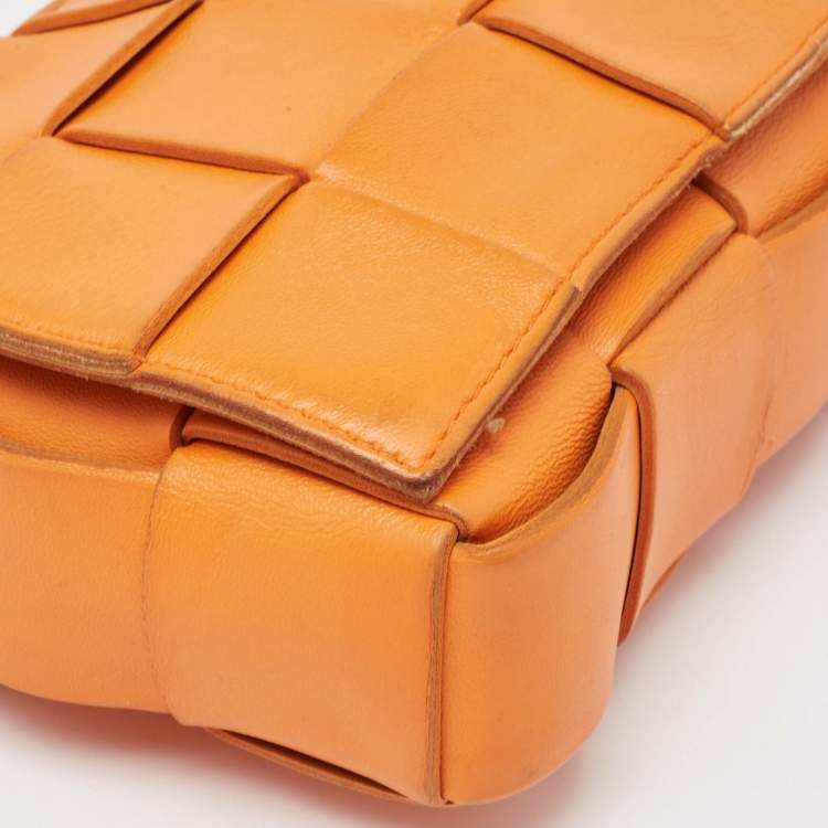 Pre Owned Bottega Veneta Orange Intreccio Leather Cassette Shoulder Bag