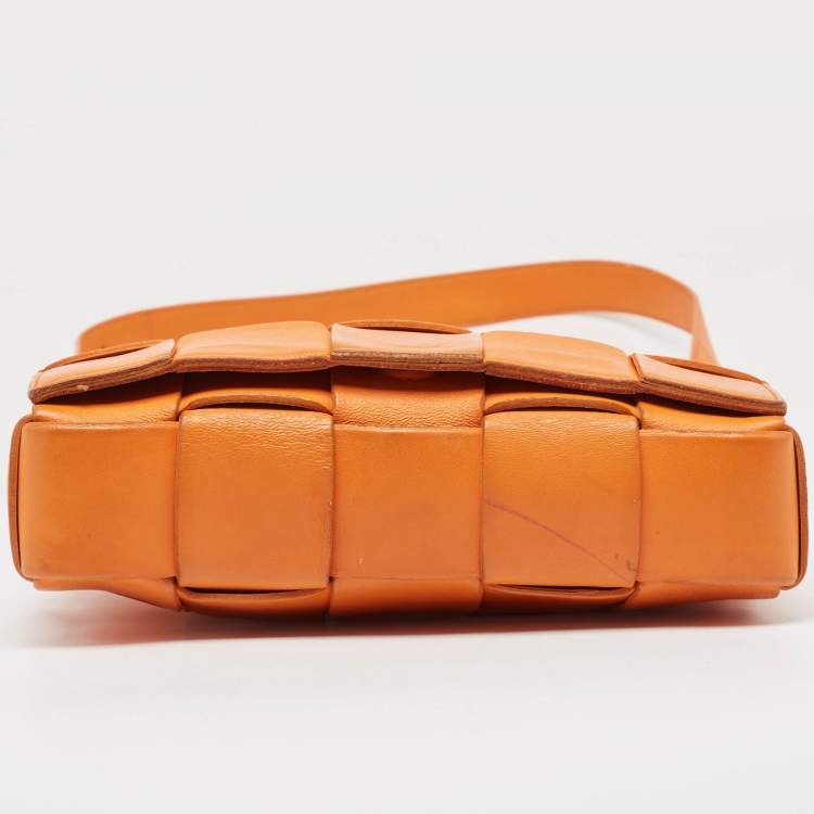Pre Owned Bottega Veneta Orange Intreccio Leather Cassette Shoulder Bag