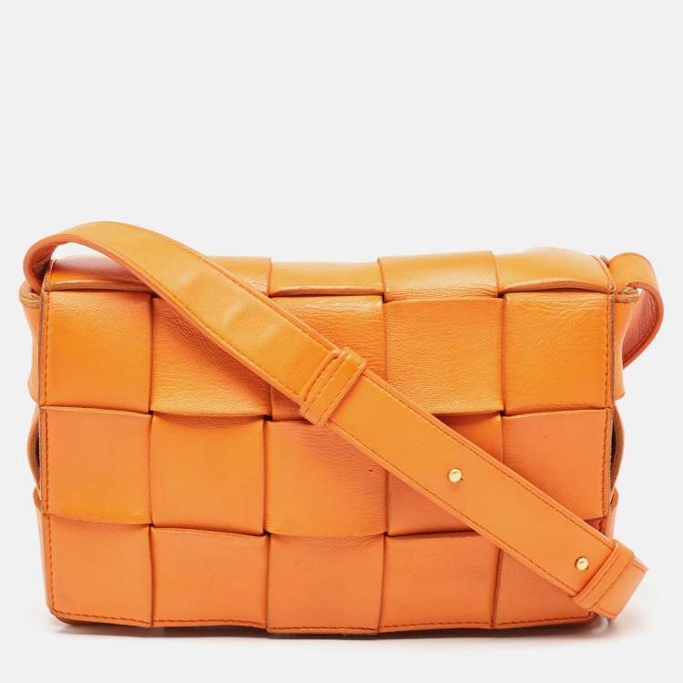 Pre Owned Bottega Veneta Orange Intreccio Leather Cassette Shoulder Bag
