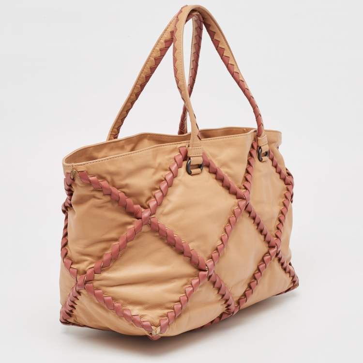 Pre Owned Bottega Veneta Beige/Burgundy Quilted Leather Shopper Tote