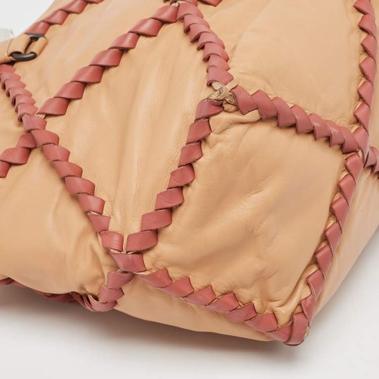 Pre Owned Bottega Veneta Beige/Burgundy Quilted Leather Shopper Tote