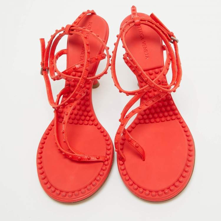 Pre Owned Bottega Veneta Orange Leather Ankle Strap Sandals Size 38