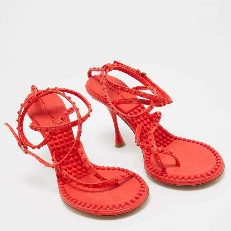 Pre Owned Bottega Veneta Orange Leather Ankle Strap Sandals Size 38
