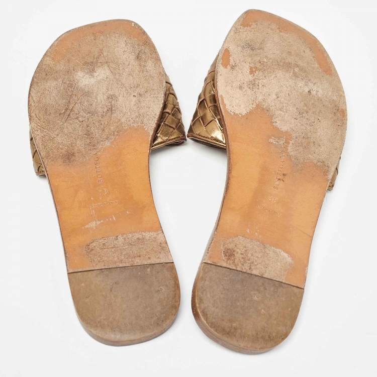 Pre Owned Bottega Veneta Metallic Intrecciato Leather Flat Slides Size 38